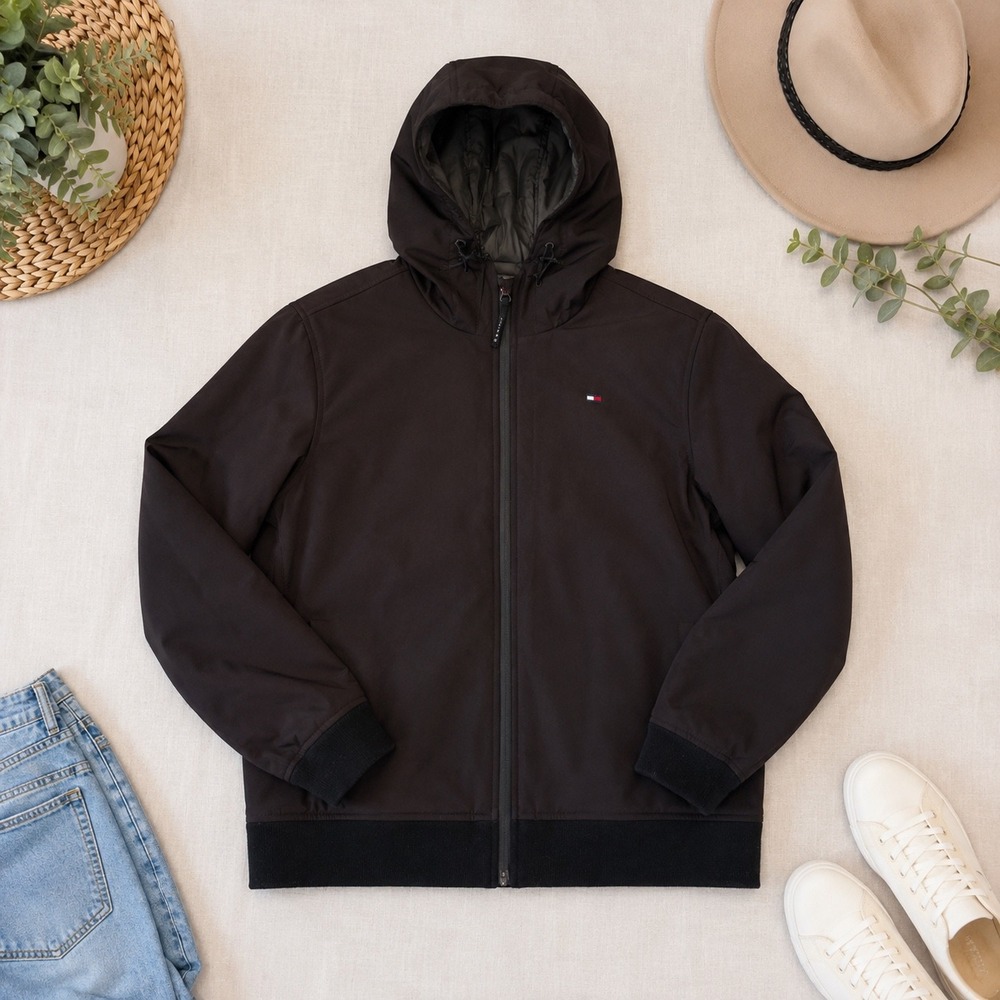 Tommy Hilfiger Softshell Jacket Mens Large Black Hooded Water Resistant Bomber